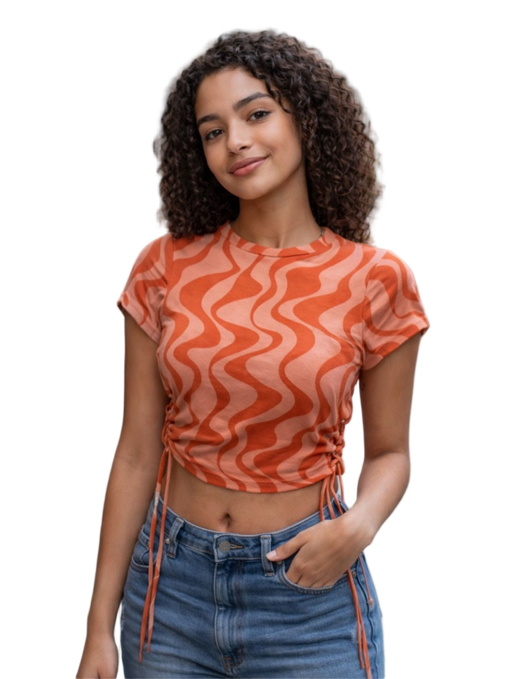 Rue21 y2k Orange Ruched Crop Blouse with strings down the side